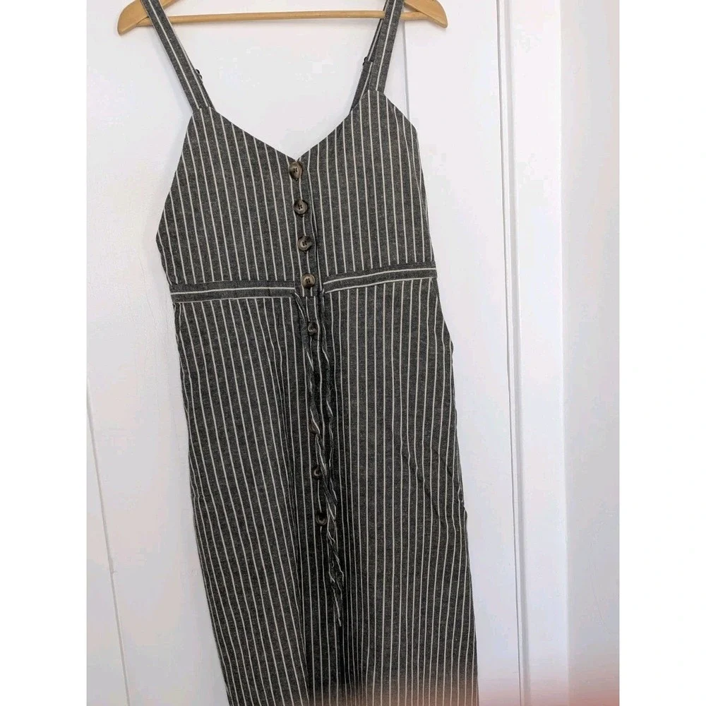 Le Lis Charcoal Pinstripe Linen Cotton Button Front Midi Dress Lined Pockets M - Picture 8 of 9